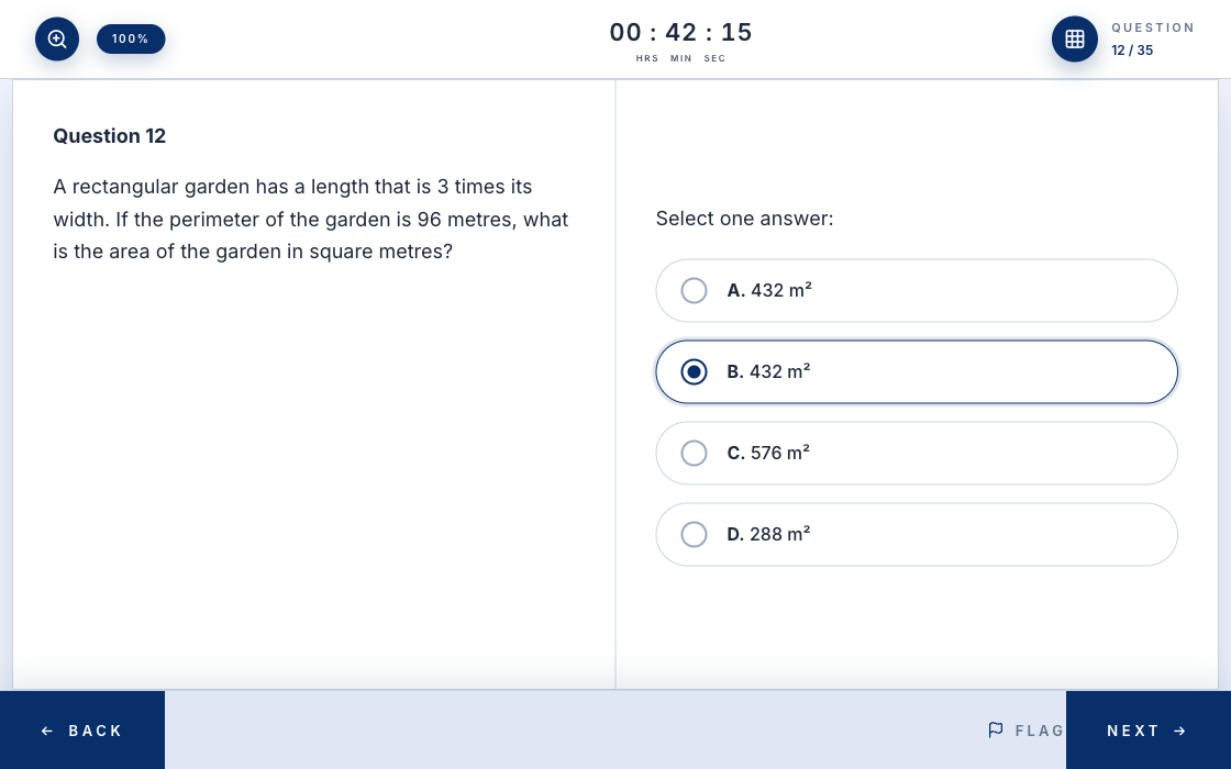 Exam interface with timer and question